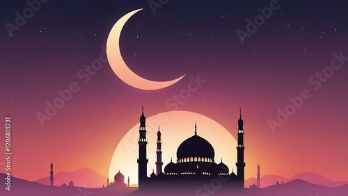 Crescent Moon and Mosque Silhouette with Sunset Gradient