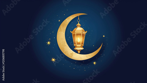 Navy-Blue Background with Golden Crescent Moon and Lanterns