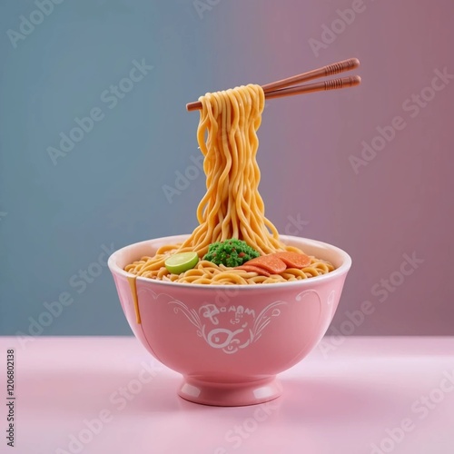 Claymorphism 3D Ramen Illustration With a Vibrant Shiny Style Using Bright Pastel Colors On The Background photo