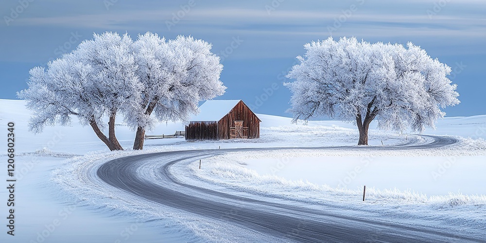 Obraz premium Snowy landscape with frosted trees and a rustic barn on a winding road.