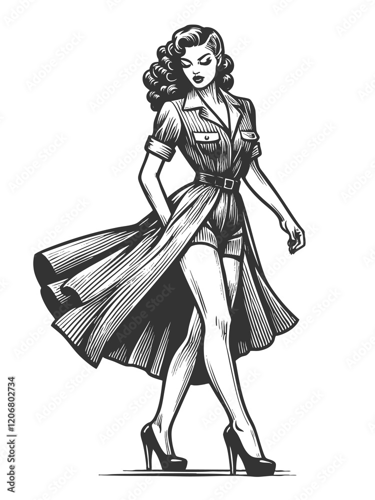 fashionable woman in a flowing dress, exuding elegance and retro glamour sketch engraving generative ai fictional character raster illustration. Scratch board imitation. Black and white image. fashionable woman in a flowing dress, exuding elegance and retro glamour sketch engraving generative ai fictional character raster illustration. Scratch board imitation. Black and white image.