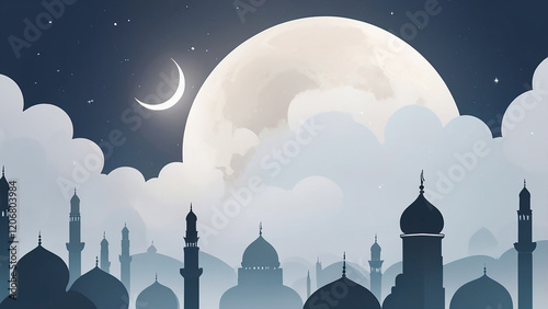 An abstract Islamic background featuring a white crescent moon on a serene background
