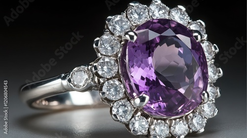 A gemstone ring featuring a large amethyst centerpiece surrounded by diamonds. photo