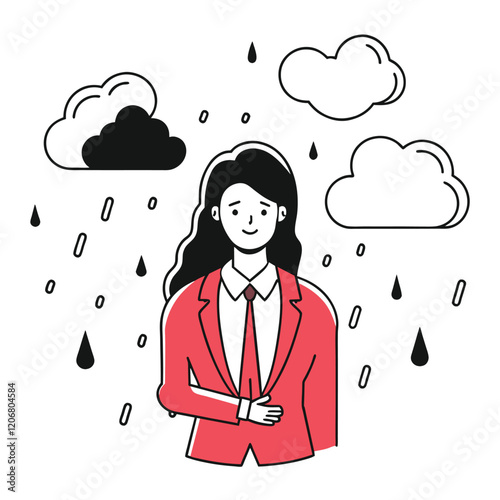 Businesswoman feeling stressed under a rainy sky