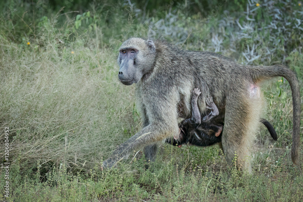 A mother chacma baboon with one eye half closed, walks cautiously through the grass of her natural habitat with her cute baby baboon hanging on under her body in a game reserve in South Africa. A mother chacma baboon with one eye half closed, walks cautiously through the grass of her natural habitat with her cute baby baboon hanging on under her body in a game reserve in South Africa.