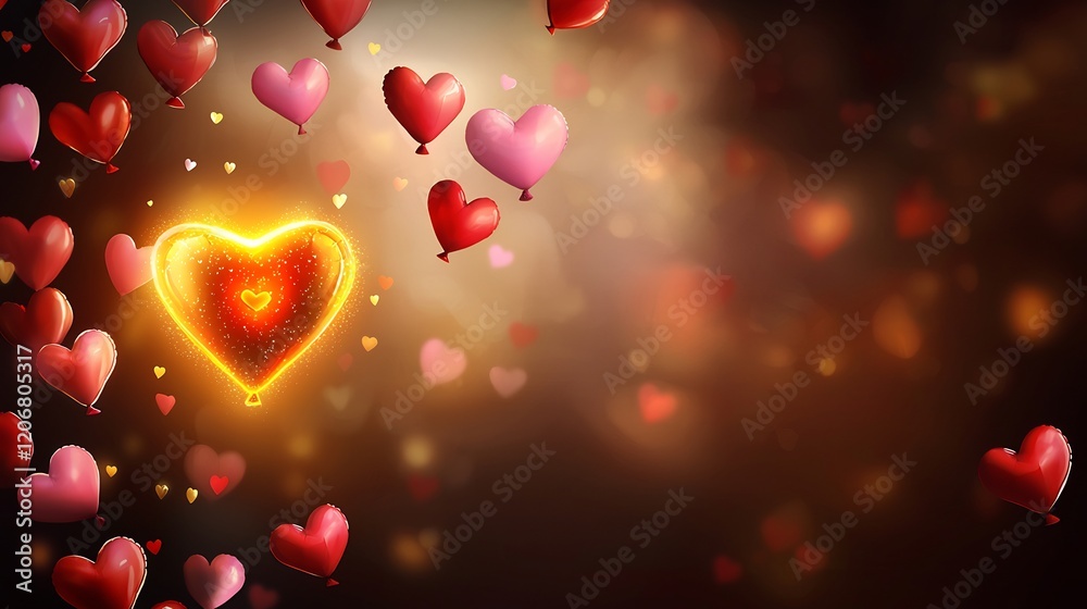 Obraz premium Romantic scene with a glowing Valentine heart surrounded by vibrant red and pink heart balloons flying in the air against a dreamy Saint Valentine background