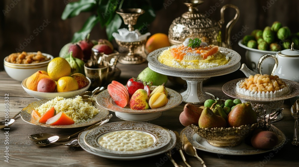 Luxurious Golden Table Setting with Diverse Dishes and Fruits Luxurious Golden Table Setting with Diverse Dishes and Fruits
