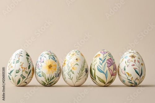 Five hand-painted floral easter eggs on beige background display spring creativity photo