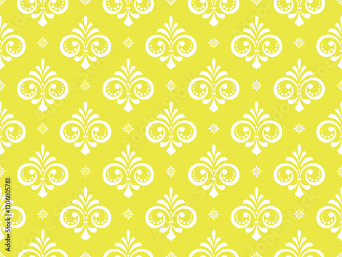 Floral pattern. Vintage wallpaper in the Baroque style. Seamless vector background. White and yellow ornament for fabric, wallpaper, packaging. Ornate Damask flower ornament
