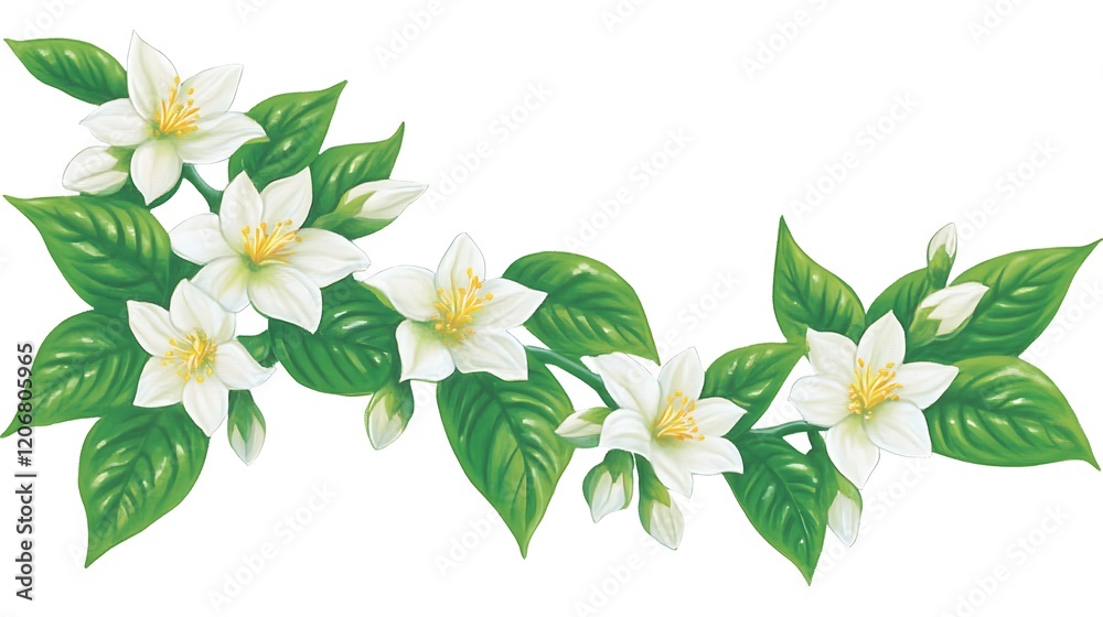 Obraz premium White Blossoms and Lush Green Leaves Branch