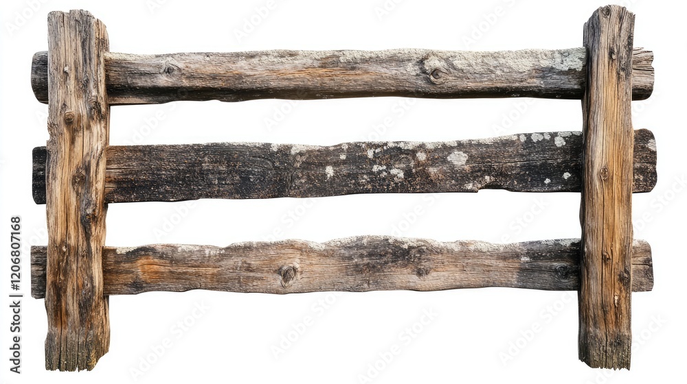 Obraz premium A rustic brown wooden fence on a white background, isolated for easy use in creative designs or as a decorative element in visual compositions