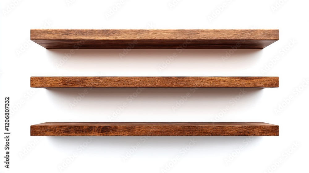 Obraz premium A series of brown wooden shelves isolated against a white background, providing ideal space for product display, interior design, or projects.
