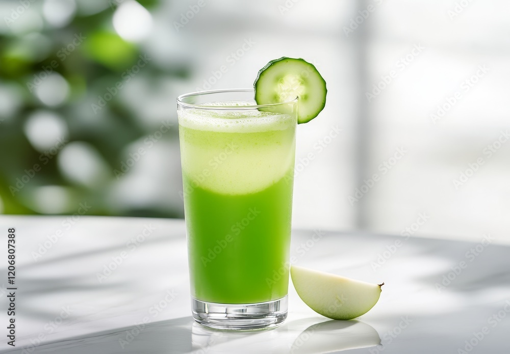 Refreshing green juice in glass with cucumber and apple garnish.