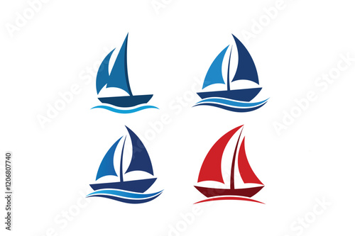 Four colorful sailboats float on gentle waves with simple graphic design and different shades of blue and red