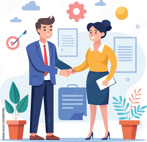 People shaking hands at work - Two businesspeople, man and woman doing handshake in office at work while smiling over business agreement and deal. Flat design stock illustration on white background