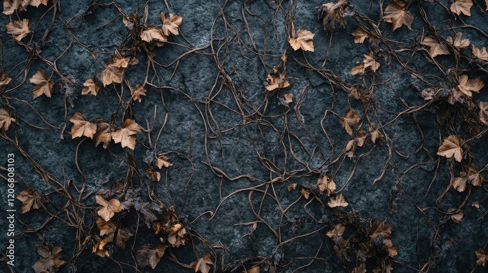 A weathered gray textured wall covered with dry ivy vines. Perfect for dark, moody Halloween or autumn-themed visuals with a creepy aesthetic. A weathered gray textured wall covered with dry ivy vines. Perfect for dark, moody Halloween or autumn-themed visuals with a creepy aesthetic.