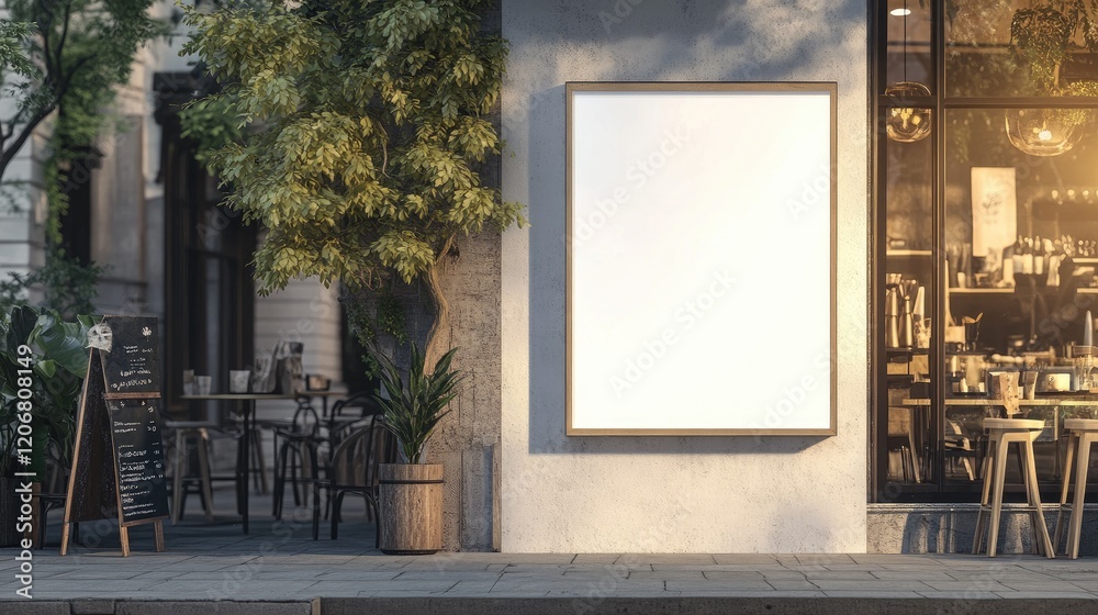 A white blank promotion poster in front of a coffee shop or restaurant, perfect for marketing promotions and brand messages. A white blank promotion poster in front of a coffee shop or restaurant, perfect for marketing promotions and brand messages.