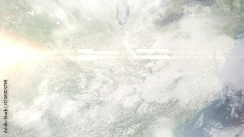 Earth zoom in from space and focus on Owensboro, Kentucky, USA. Background for travel blog or intro. Satellite view. 3D style animation. Images from NASA.