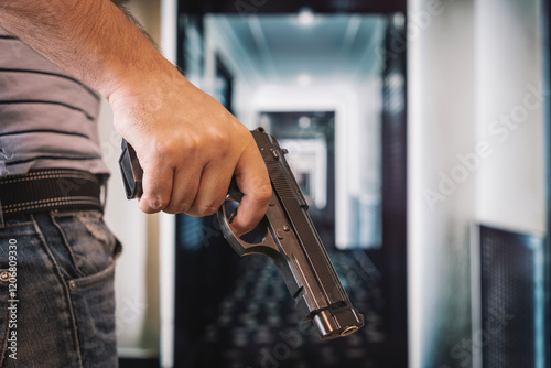 an armed criminal with a dhrt pistol enters the premises. Attempted robbery. Crime concept. bank robbery. self-defense with firearms. the man hides the gun behind his back. photo