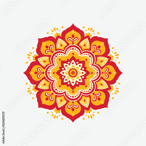 Ornate Mandala Design in Red and Gold. A beautiful, symmetrical mandala design featuring intricate patterns and a mix of red and gold colors.