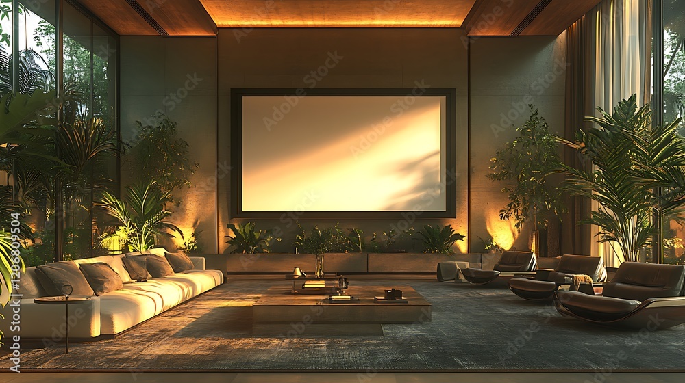 A large, blank picture frame hangs on the wall of an elegant living room. A large, blank picture frame hangs on the wall of an elegant living room.