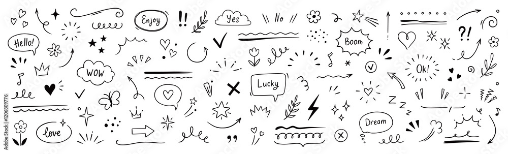 Cute line sketch star, arrow, heart decoration element icon set. Hand drawn sketch doodle cute star, emphasis, flower element. Pen line text decoration shape icon. Hand drawn vector illustration.