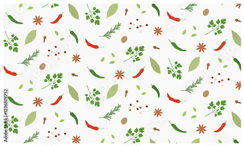 Seamless pattern with spices and herbs. Hand drawn vector illustration. Rosemary, parsley, chili pepper, bay leaf, peppercorn, star anise, clove.