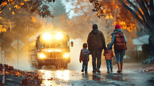 Wallpaper Mural A Family Walking in Autumn Toward School Bus on Rainy Day Torontodigital.ca