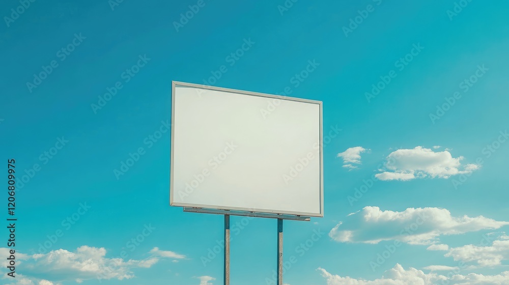 Blank white billboard mockup displayed outdoors, with a bright blue sky background. Perfect for marketing campaigns or product promotions. Blank white billboard mockup displayed outdoors, with a bright blue sky background. Perfect for marketing campaigns or product promotions.