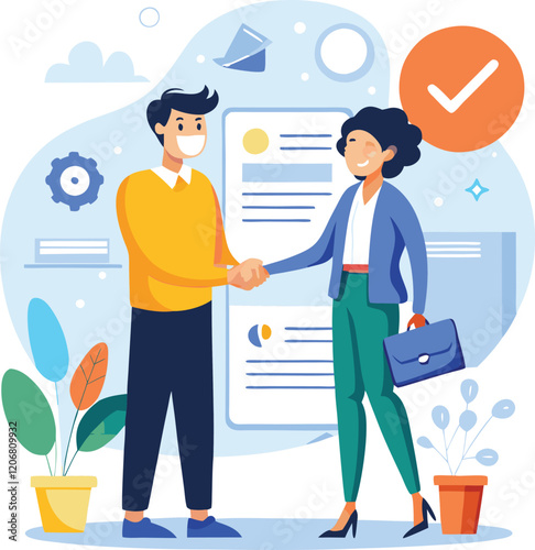 People shaking hands at work - Two businesspeople, man and woman doing handshake in office at work while smiling over business agreement and deal. Flat design stock illustration on white background