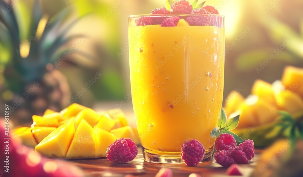 Refreshing mango raspberry smoothie in a glass with fresh fruit. Refreshing mango raspberry smoothie in a glass with fresh fruit.