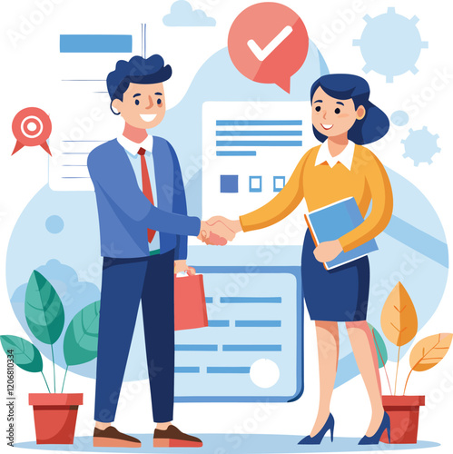 People shaking hands at work - Two businesspeople, man and woman doing handshake in office at work while smiling over business agreement and deal. Flat design stock illustration on white background