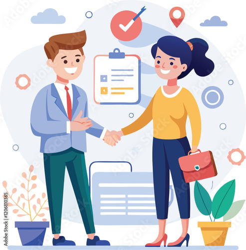 People shaking hands at work - Two businesspeople, man and woman doing handshake in office at work while smiling over business agreement and deal. Flat design stock illustration on white background
