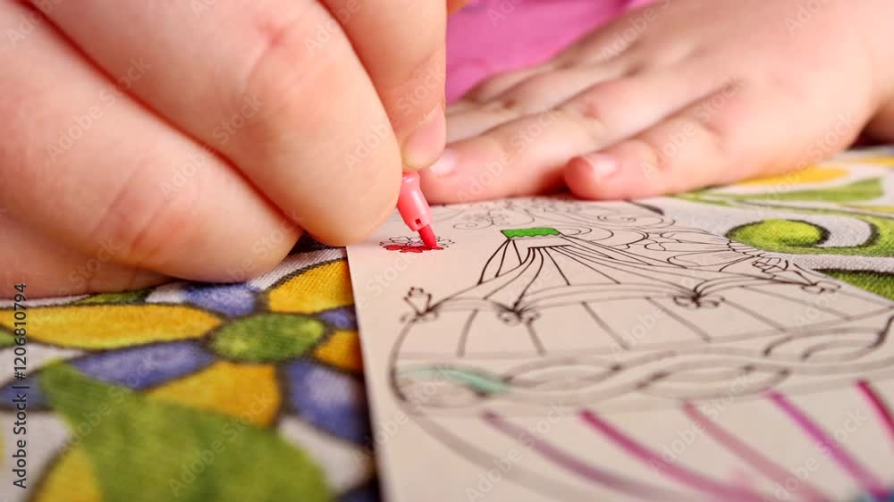 A young child uses a red crayon to color a detailed and vibrant picture indoors