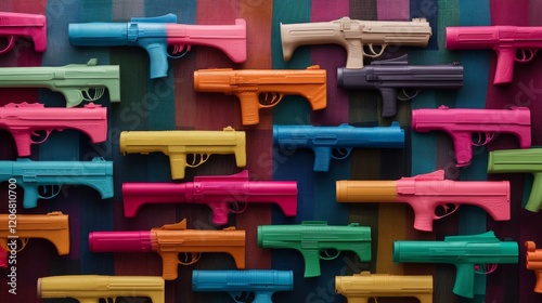 Vibrant Array of Colorful Toy Guns Displayed on a Wood Background, Emphasizing Playful and Whimsical Aesthetics Ideal for Children's Activities and Party Themes photo