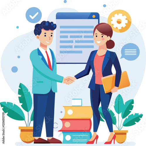 People shaking hands at work - Two businesspeople, man and woman doing handshake in office at work while smiling over business agreement and deal. Flat design stock illustration on white background