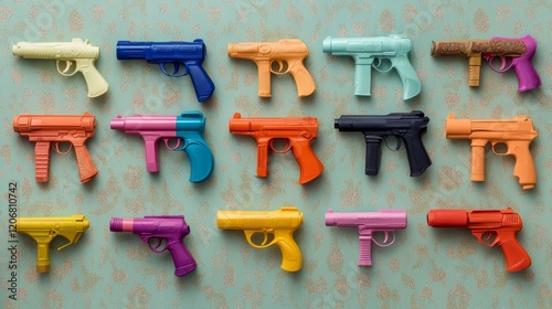 Colorful Toy Guns Displayed on Pastel Background with Intricate Patterns, Perfect for Children's Play and Art Projects, Showcasing Variety of Bright Designs photo