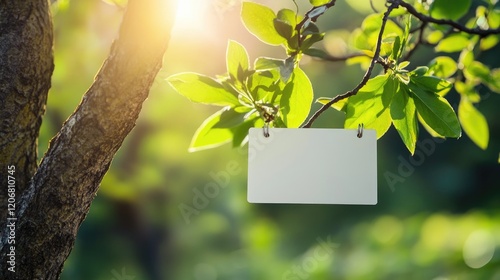 Business card mockup on a sunny spring day, clipped to a tree branch with green leaves in the background, perfect for eco-friendly branding and quotes.