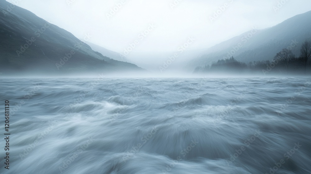 Misty River Enveloped by Mountains: A Serene Landscape Misty River Enveloped by Mountains: A Serene Landscape