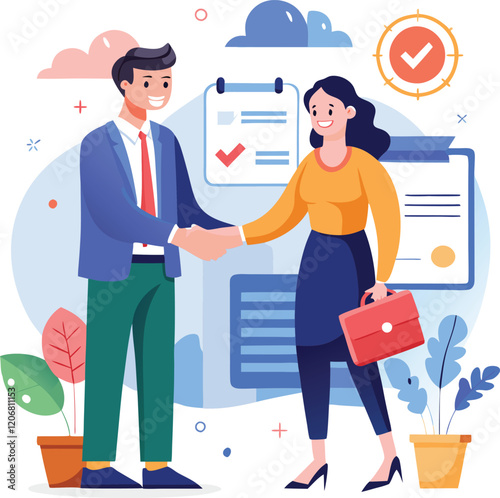 People shaking hands at work - Two businesspeople, man and woman doing handshake in office at work while smiling over business agreement and deal. Flat design stock illustration on white background