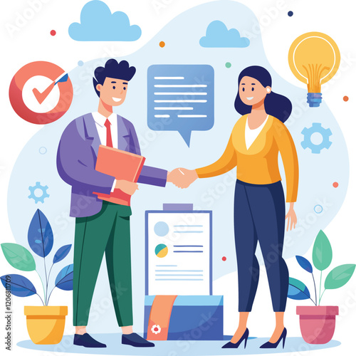 People shaking hands at work - Two businesspeople, man and woman doing handshake in office at work while smiling over business agreement and deal. Flat design stock illustration on white background