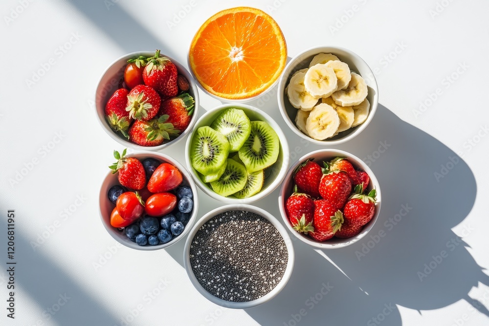 Assorted fresh fruits and chia seeds in bowls. Assorted fresh fruits and chia seeds in bowls.
