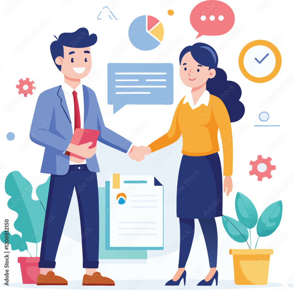 People shaking hands at work - Two businesspeople, man and woman doing handshake in office at work while smiling over business agreement and deal. Flat design stock illustration on white background People shaking hands at work - Two businesspeople, man and woman doing handshake in office at work while smiling over business agreement and deal. Flat design stock illustration on white background