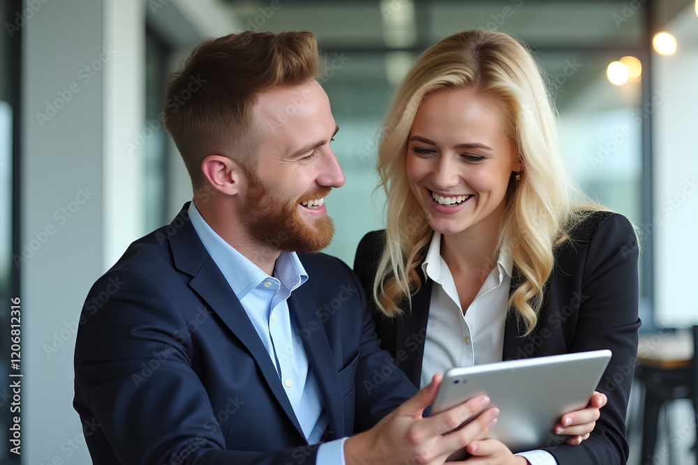 Business colleagues sharing a laugh over a tablet. Male executive and young female employee Business colleagues sharing a laugh over a tablet. Male executive and young female employee