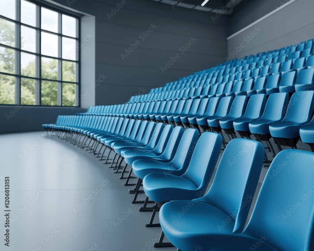 Fototapeta premium Modern Blue Chairs in an Empty Auditorium with Natural Light