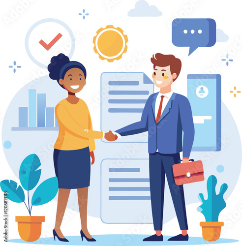 People shaking hands at work - Two businesspeople, man and woman doing handshake in office at work while smiling over business agreement and deal. Flat design stock illustration on white background