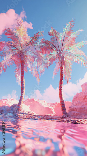 Psychedelic palm tree art vibrant surreal colorful skies, sunset beach tropical dreamlike landscape design decor health self explore mental trave pride parade rainbow trippy pot print island tropical