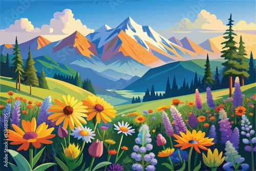 colorful wildflower field with a variety of blossoms like daisies, sunflowers, and lavender vector illustration. 