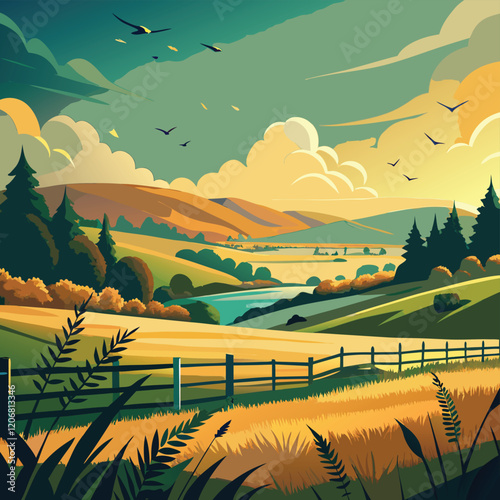 Nature Field Theme Landscape Vector illustration, 
a detailed vector illustration of a vast open field during sunrise, with rolling hills.
