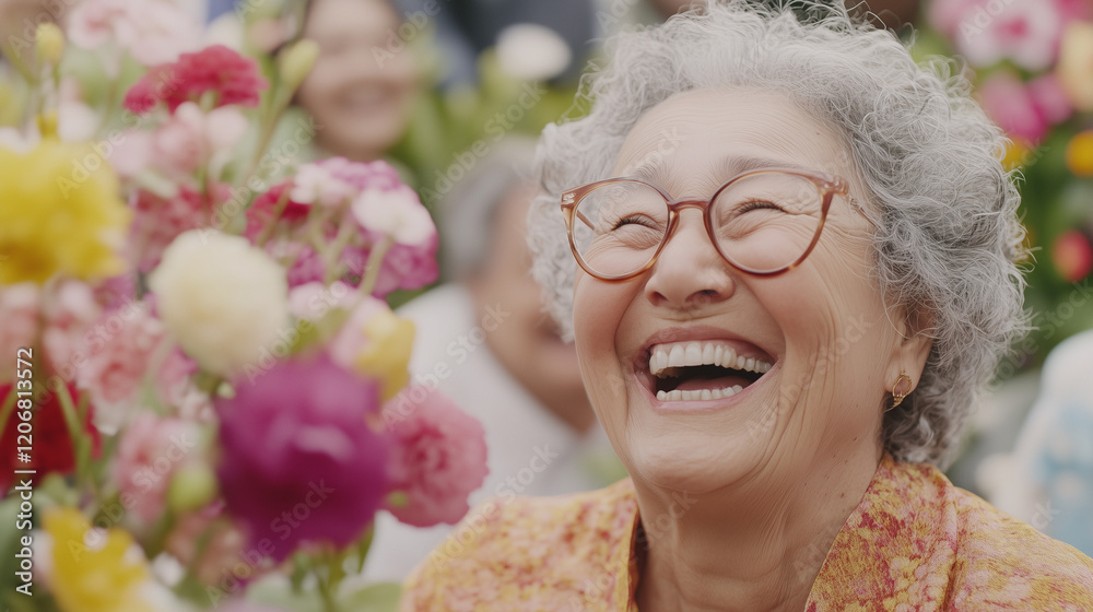 Obraz premium Radiant Joy: An elderly woman with a radiant smile, surrounded by vibrant flowers, exudes happiness and the beauty of aging gracefully.